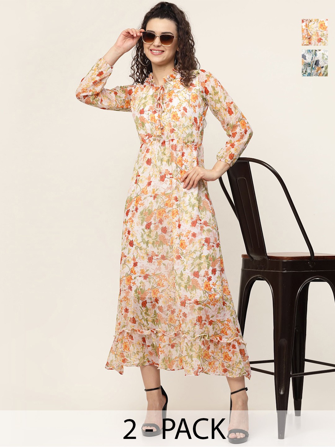 

MISS AYSE Pack Of 2 Floral Printed Georgette Maxi Dress, Orange