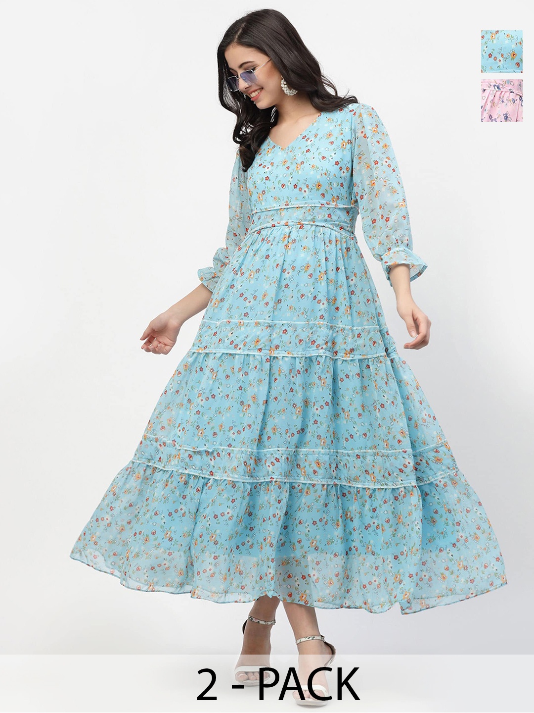 

MISS AYSE Pack Of 2 Floral Printed Georgette Maxi Dress, Blue