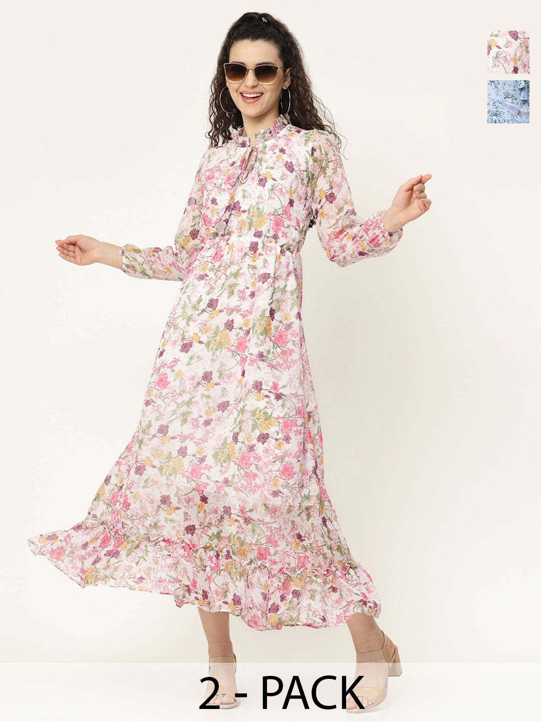 

MISS AYSE Pack of 2 Floral Printed Tie Up Neck Puff Sleeve Georgette Maxi Dress, Off white
