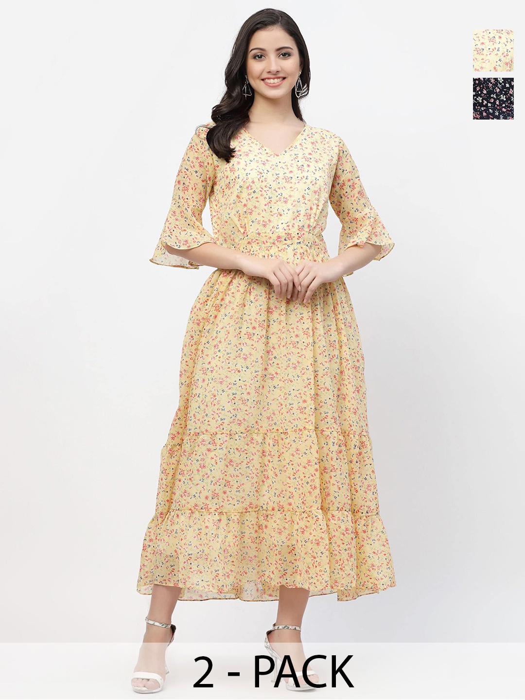 

MISS AYSE Pack of 2 Floral Printed V-Neck Bell Sleeve Georgette Fit & Flare Midi Dress, Yellow
