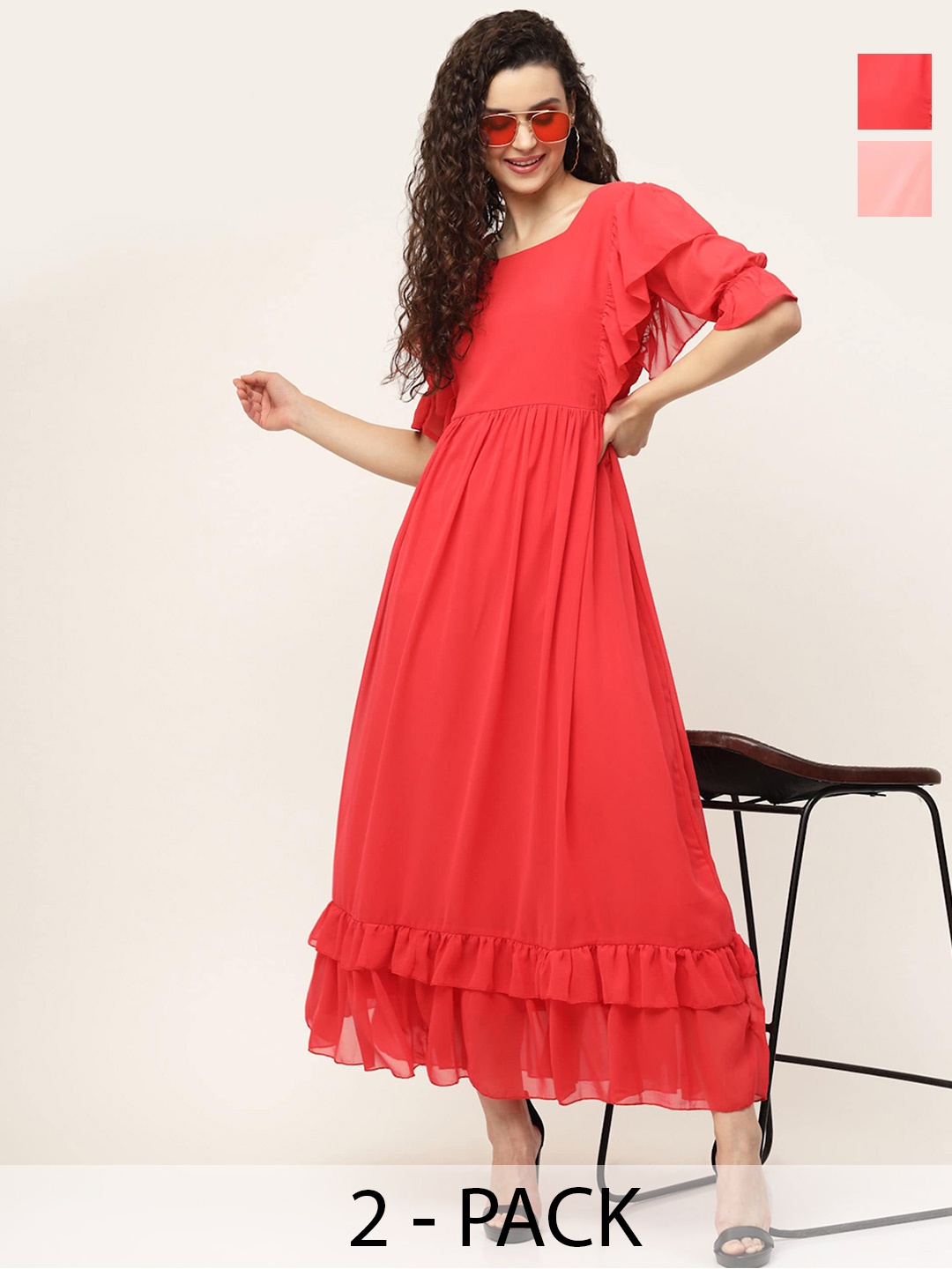 

MISS AYSE Pack Of 2 Puff Sleeve Georgette Maxi Dress, Red