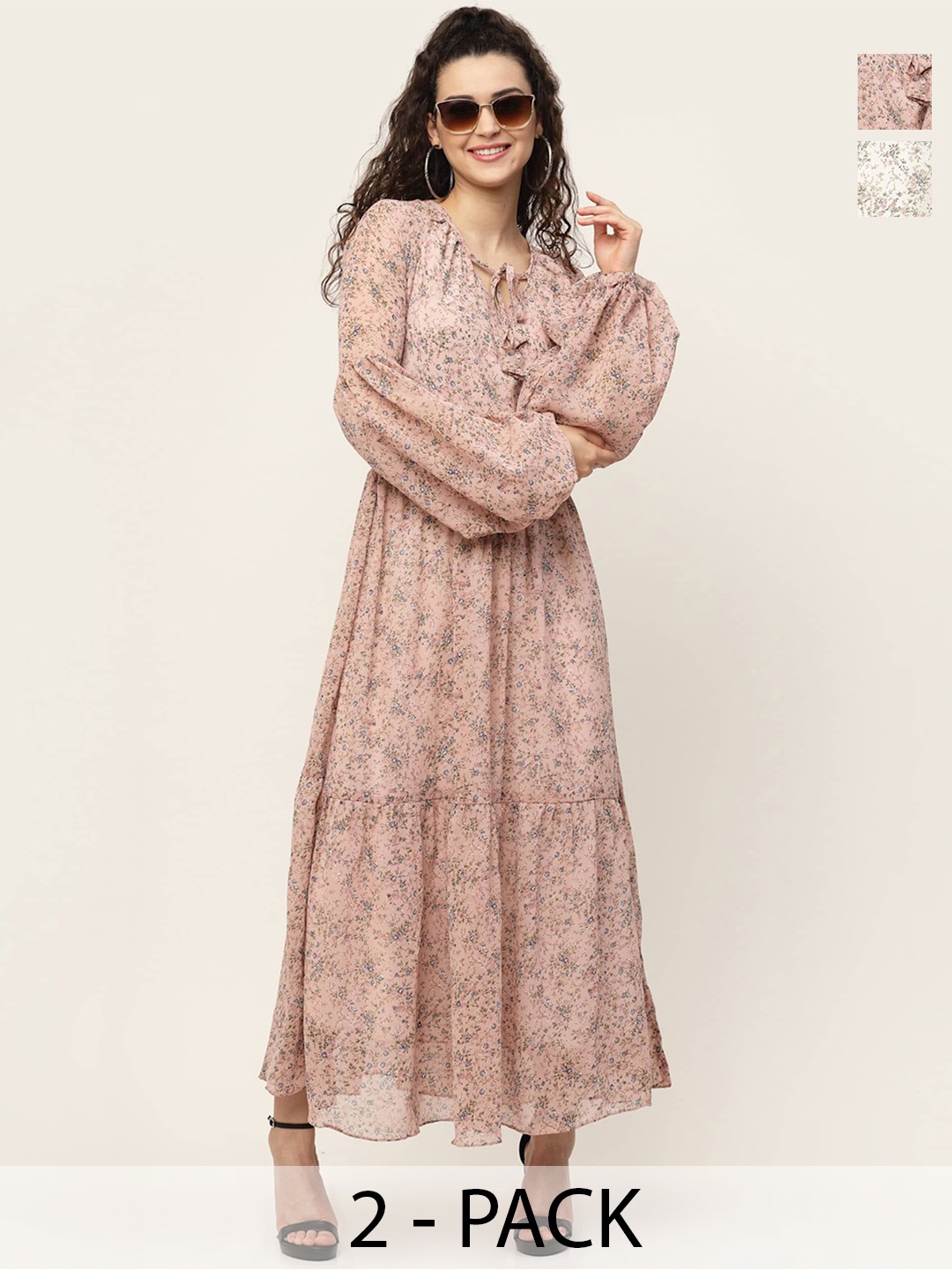 

MISS AYSE Pack of 2 Floral Printed Tie Up Neck Puff Sleeve Georgette Maxi Dress, Pink