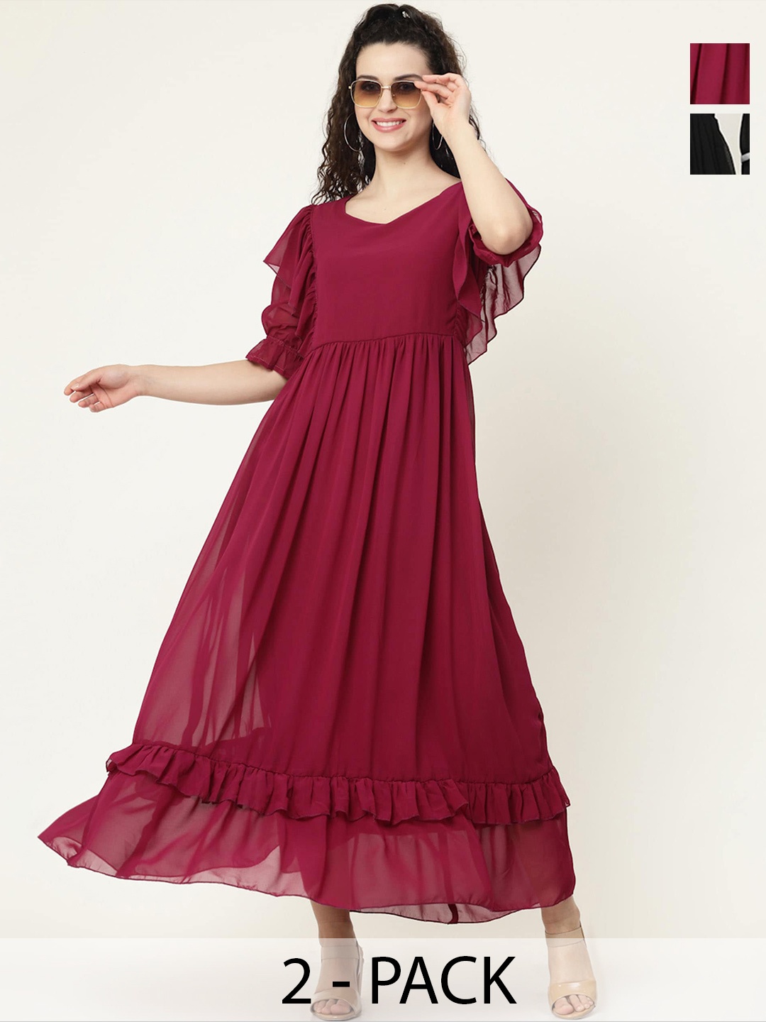 

MISS AYSE Pack of 2 Georgette Fit and Flare Maxi Dress, Red