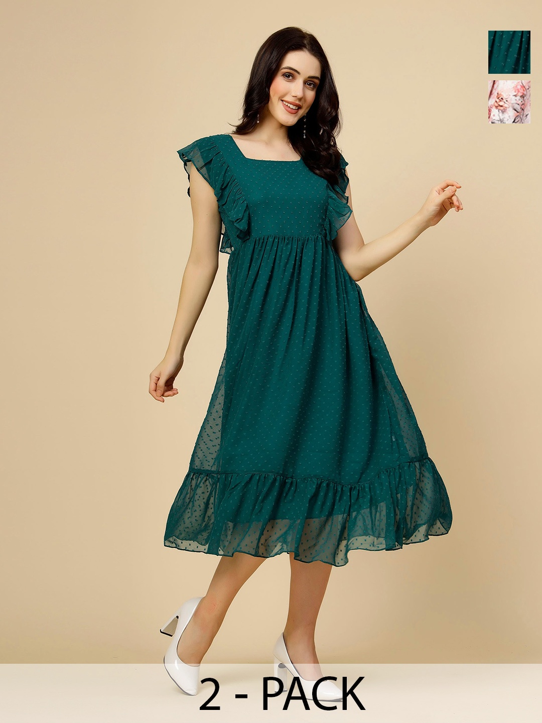 

MISS AYSE Pack of 2 Flutter Sleeves Fit & Flare Midi Dress, Green