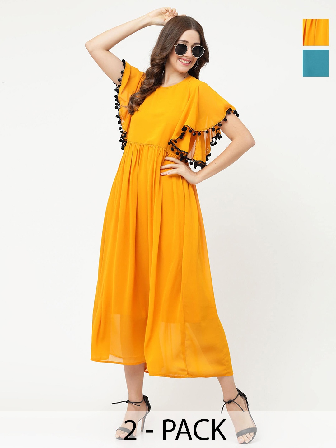 

MISS AYSE Pack Of 2 Flared Sleeves Fit & Flare Midi Dress, Yellow