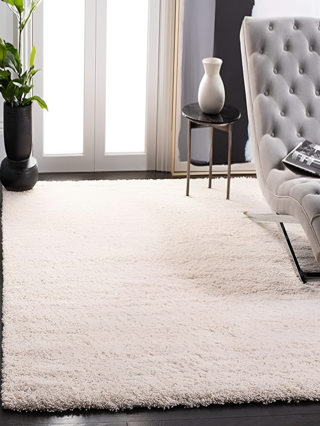 Shopgallery Cream Textured Anti Skid Rectangle Shaggy Carpet
