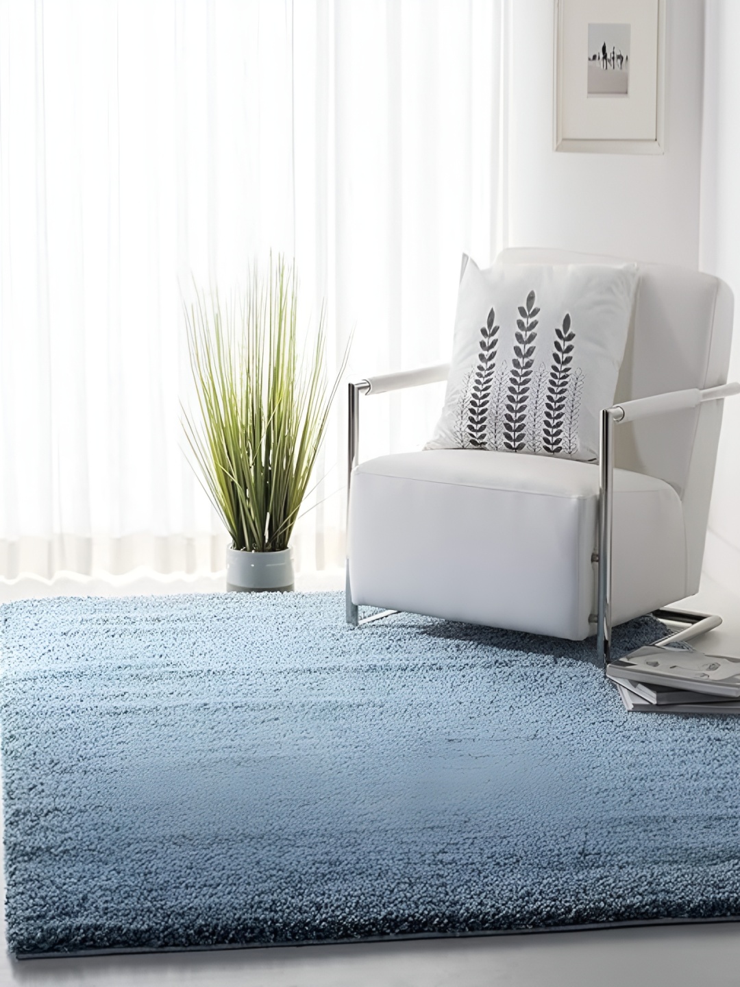 Shopgallery Blue Textured Anti Skid Rectangle Shaggy Carpet