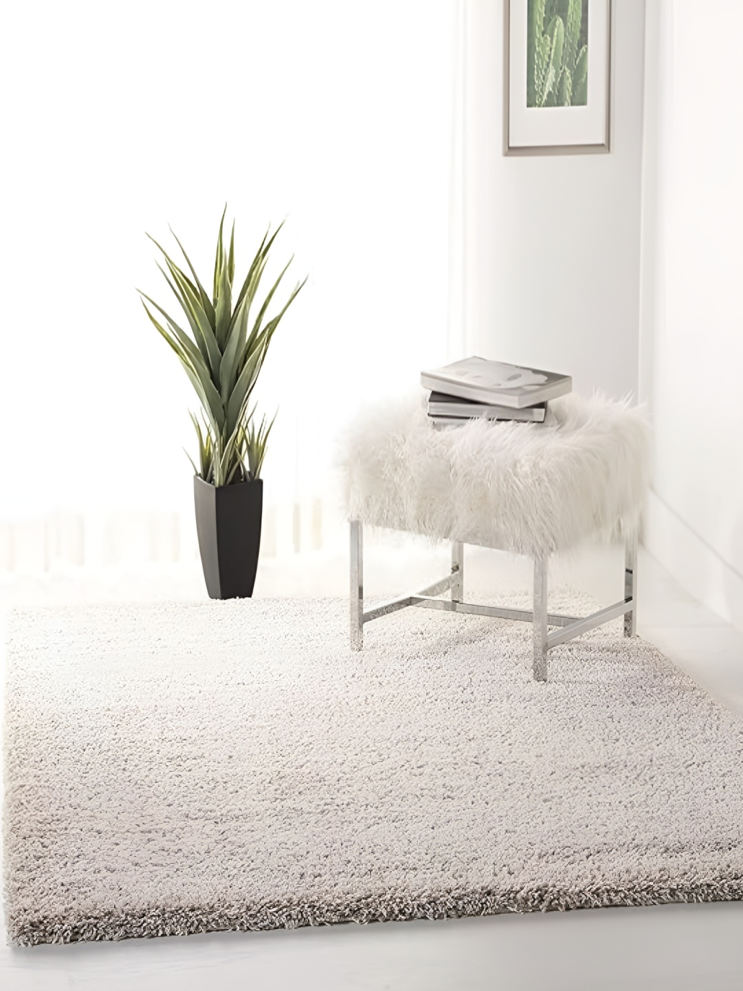 Shopgallery Beige Textured Anti Skid Rectangle Shaggy Carpet