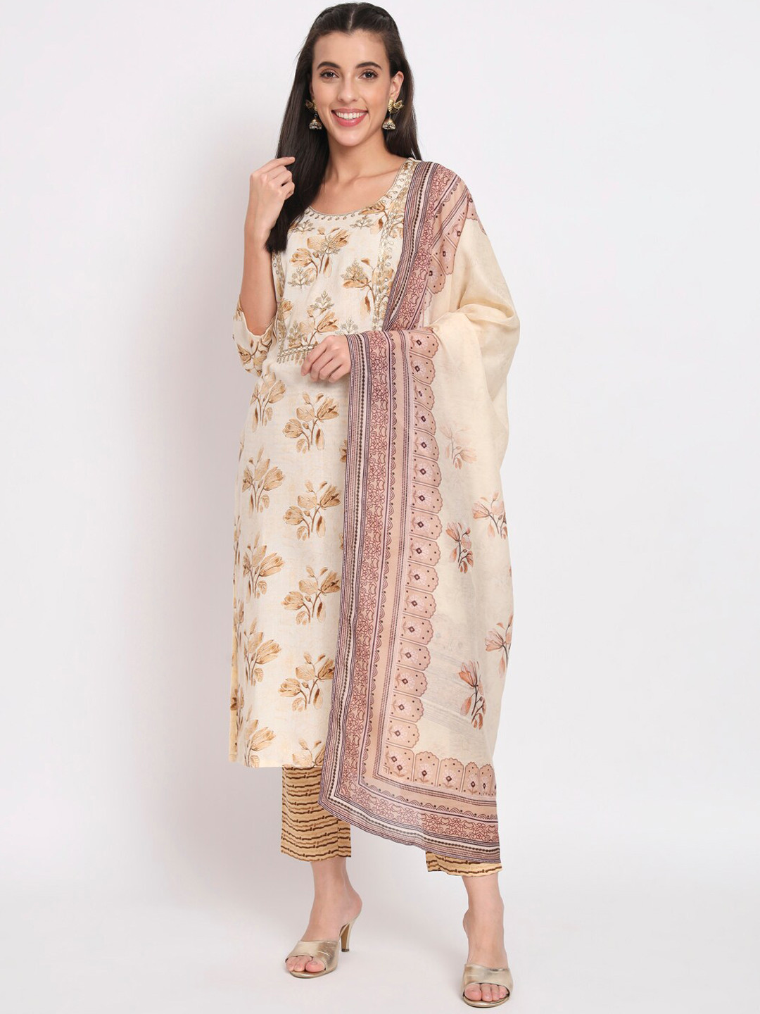 

SALWAT Floral Printed Regular Kurta with Trousers & Dupatta, Cream