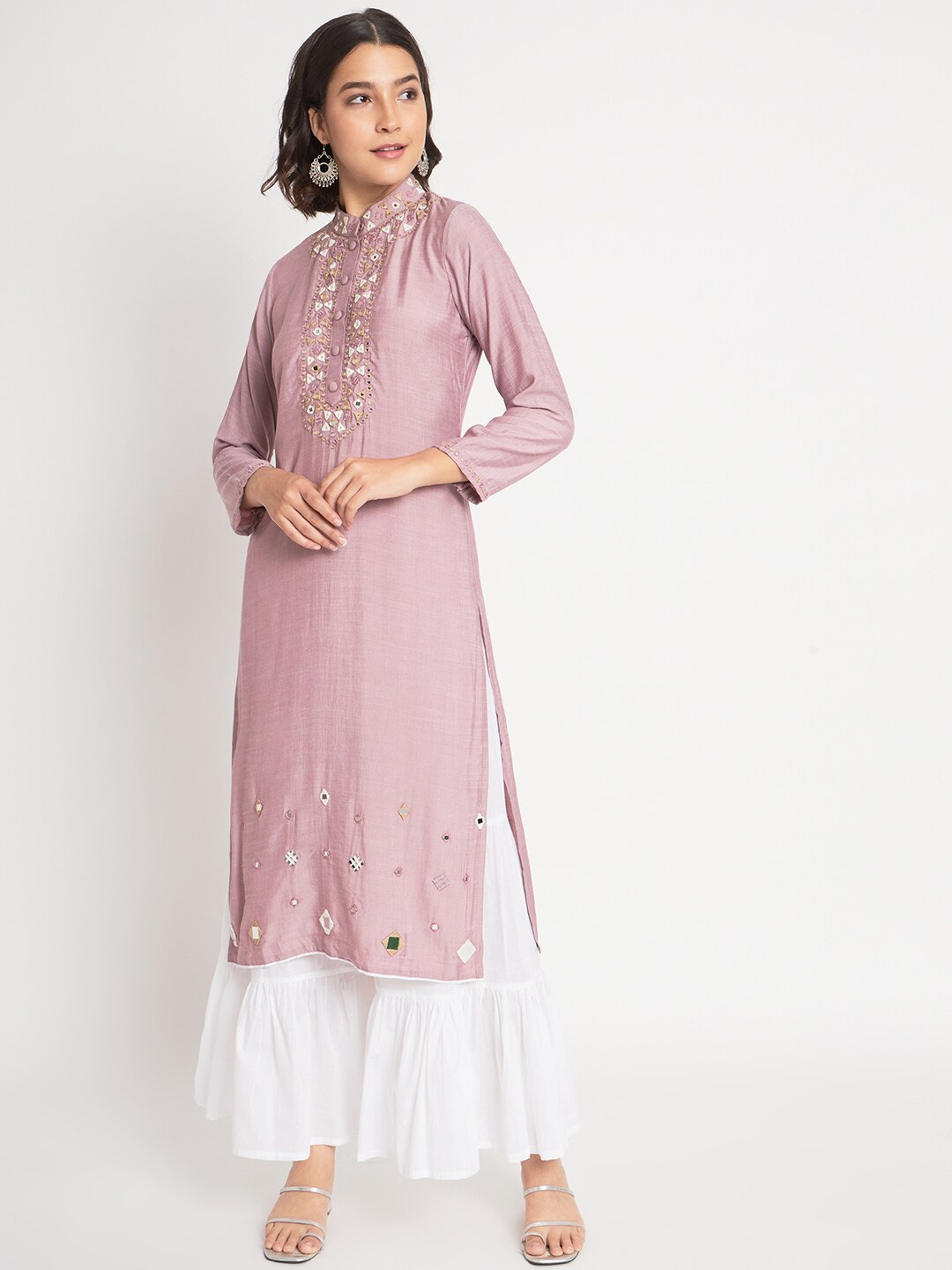 

SALWAT Ethnic Motifs Printed Regular Thread Work Kurta with Sharara, Peach