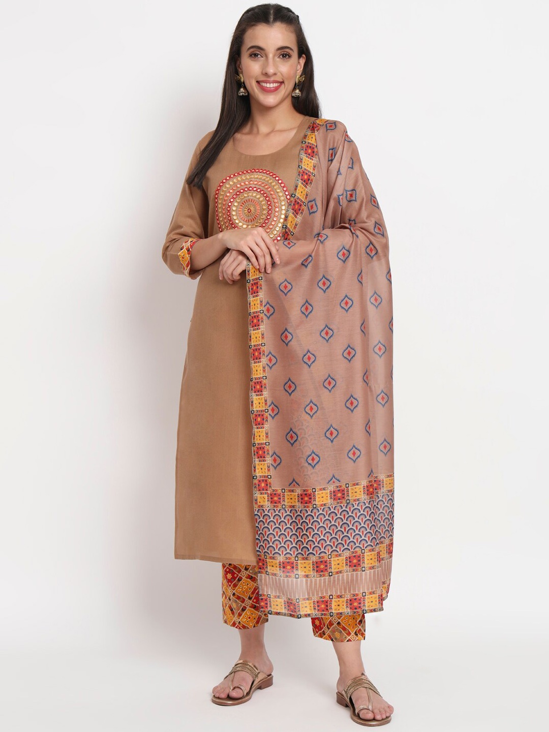 

SALWAT Geometric Printed Mirror Work Straight Kurta with Trousers & Dupatta, Brown