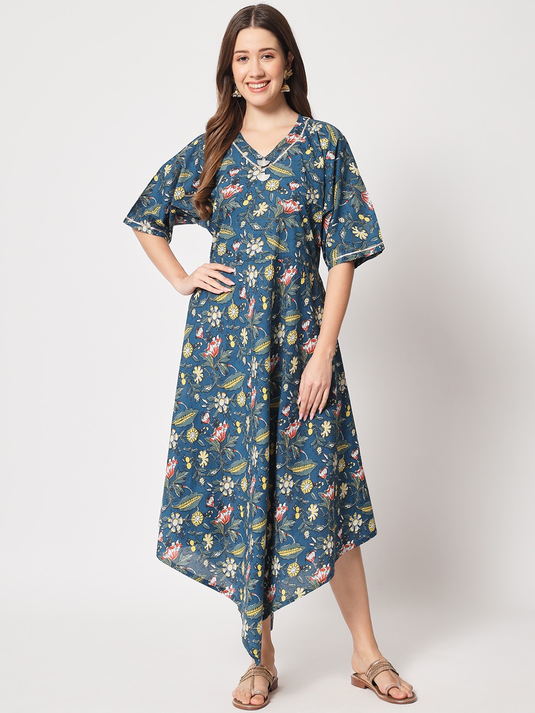 

SALWAT Floral Print Flared Sleeve Cotton Fit & Flare Midi Dress, Blue