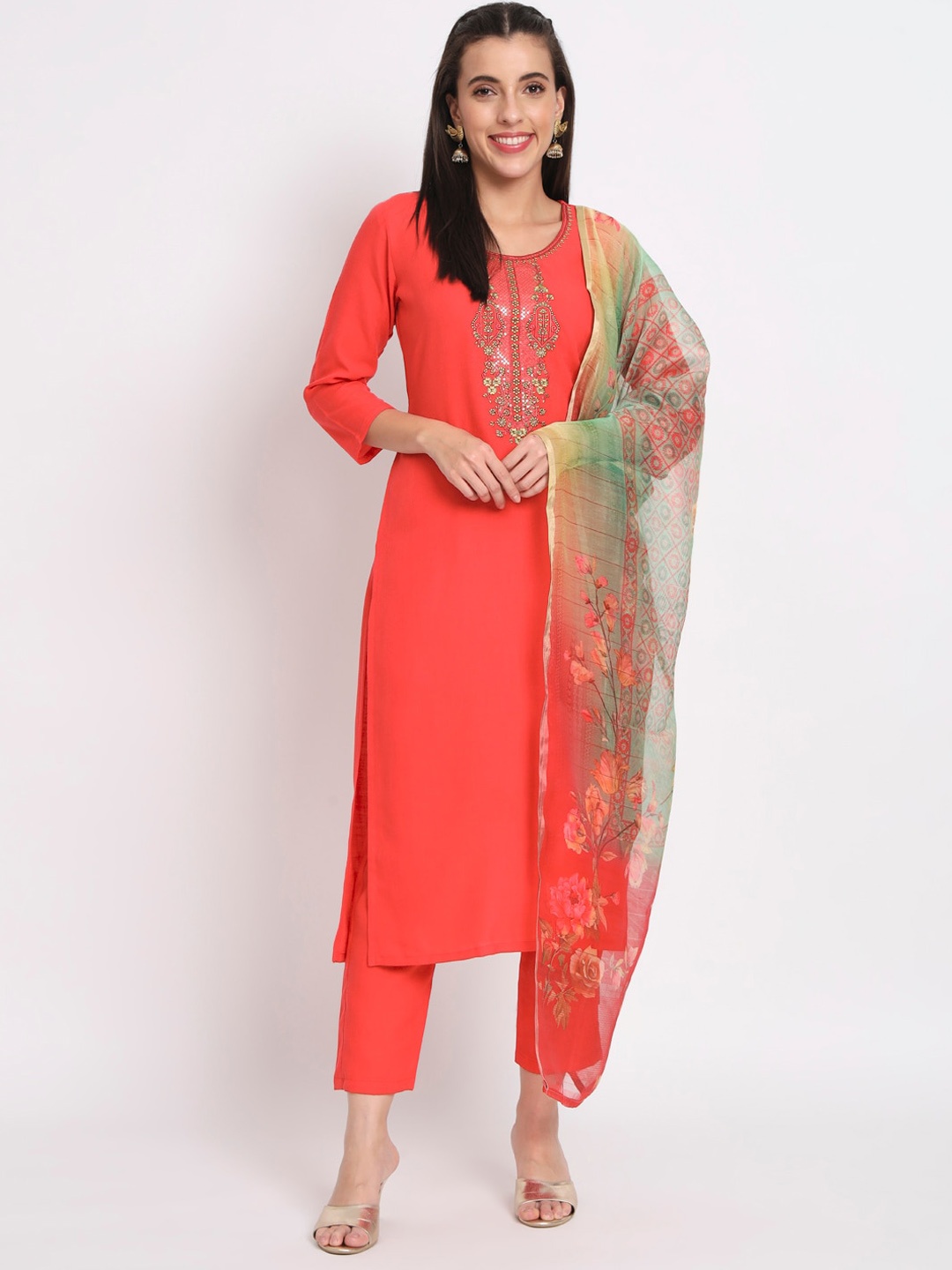 

SALWAT Printed Regular Thread Work Kurta with Trousers & Dupatta, Red