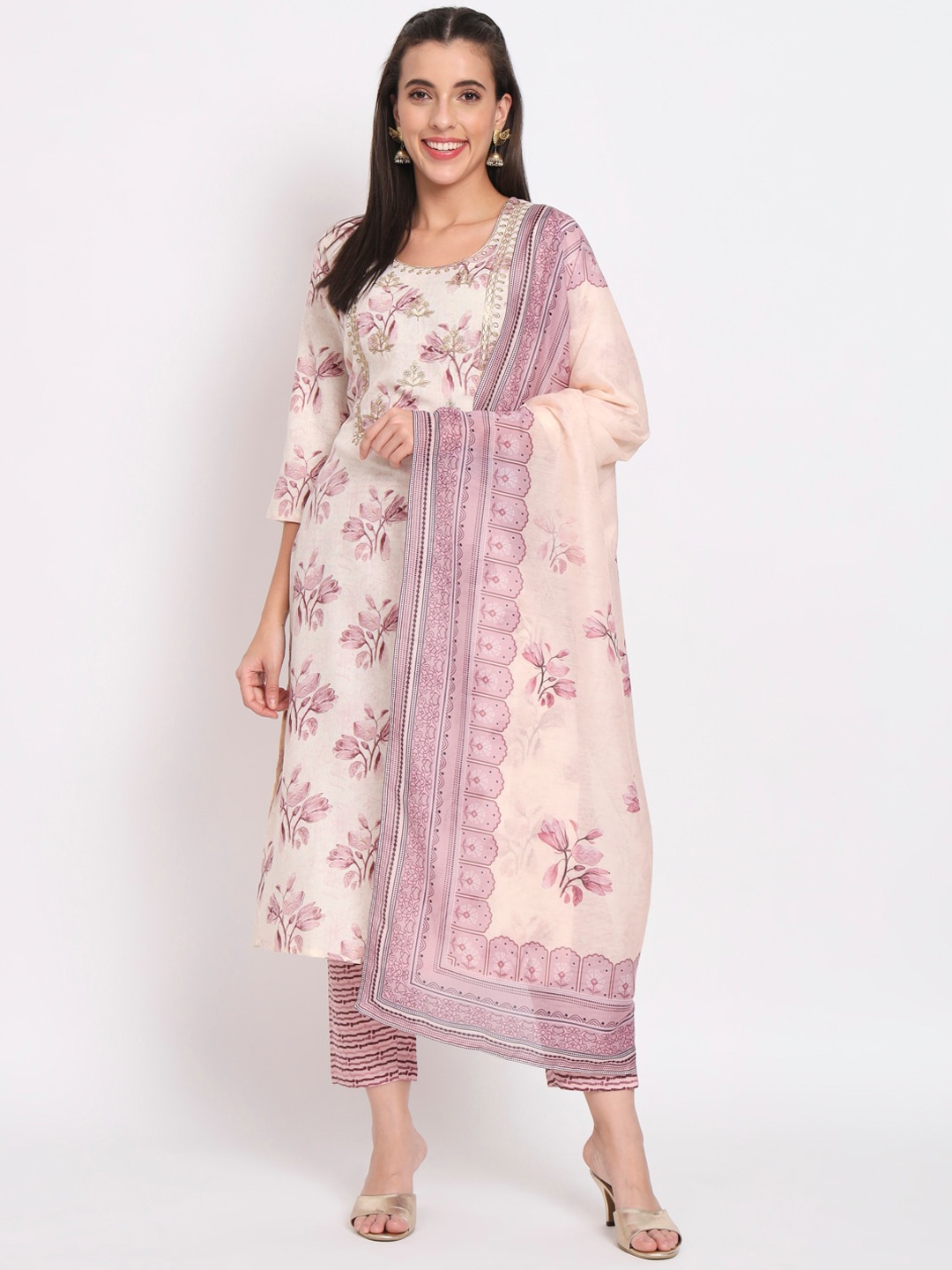 

SALWAT Floral Printed Round Neck Three-Quarter Sleeves Cotton Kurta Set, Beige