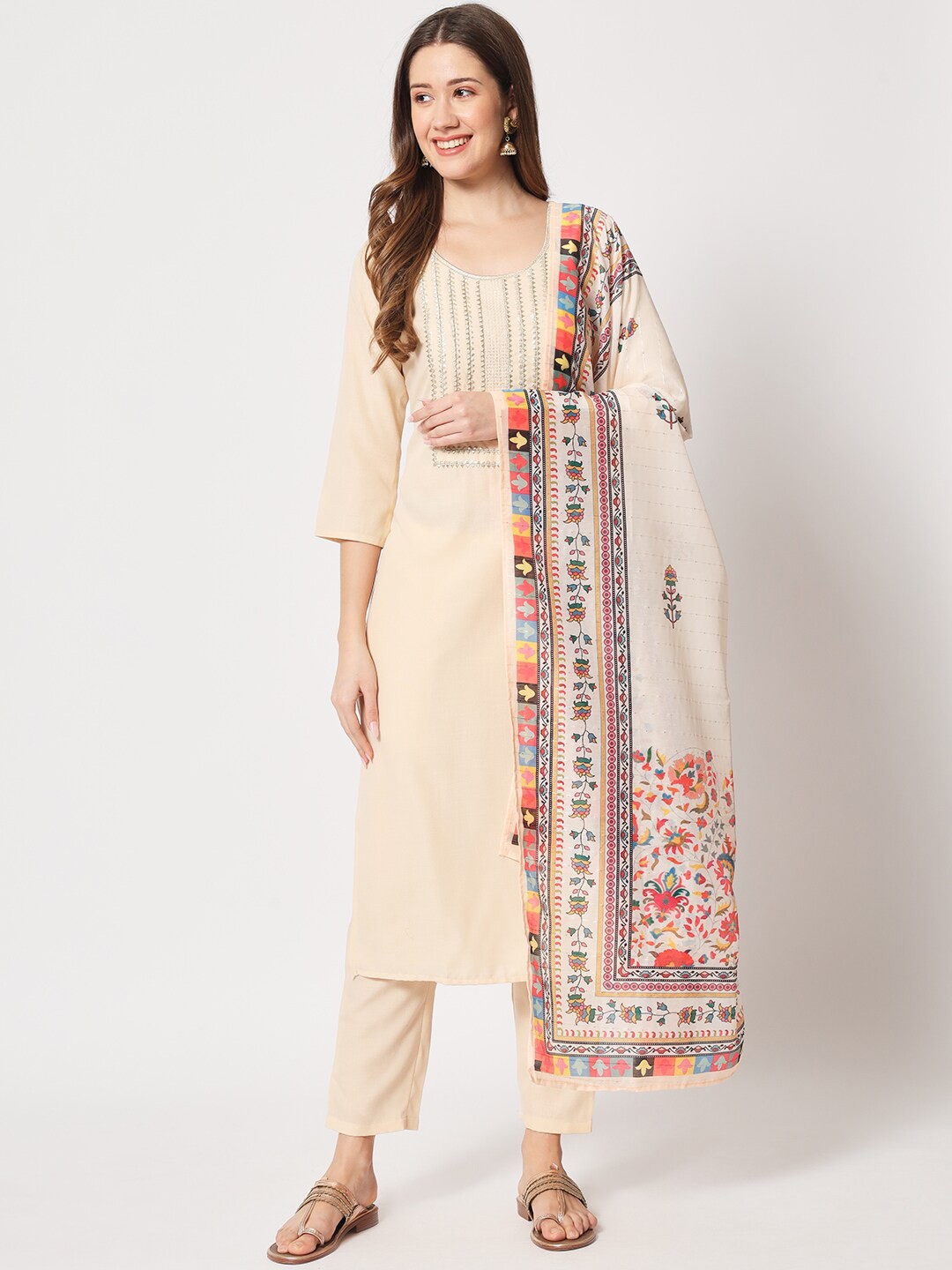 

SALWAT Floral Printed Gotta Patti Straight Kurta with Trousers & Dupatta, Beige