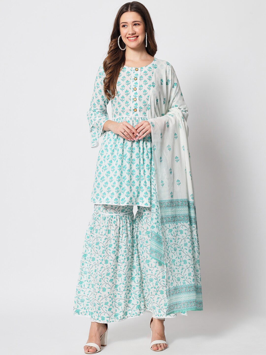 

SALWAT Floral Printed Round Neck Three-Quarter Sleeves Cotton Kurta Set, Blue