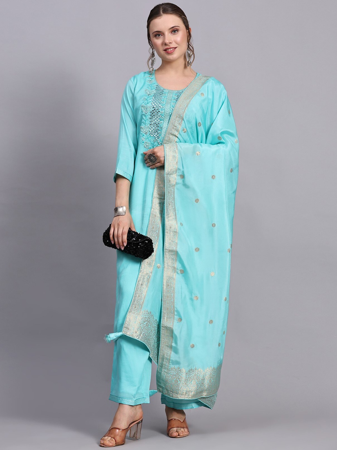 

SALWAT Ethnic Motifs Embroidered Regular Mirror Work Kurta with Trousers & Dupatta, Turquoise blue