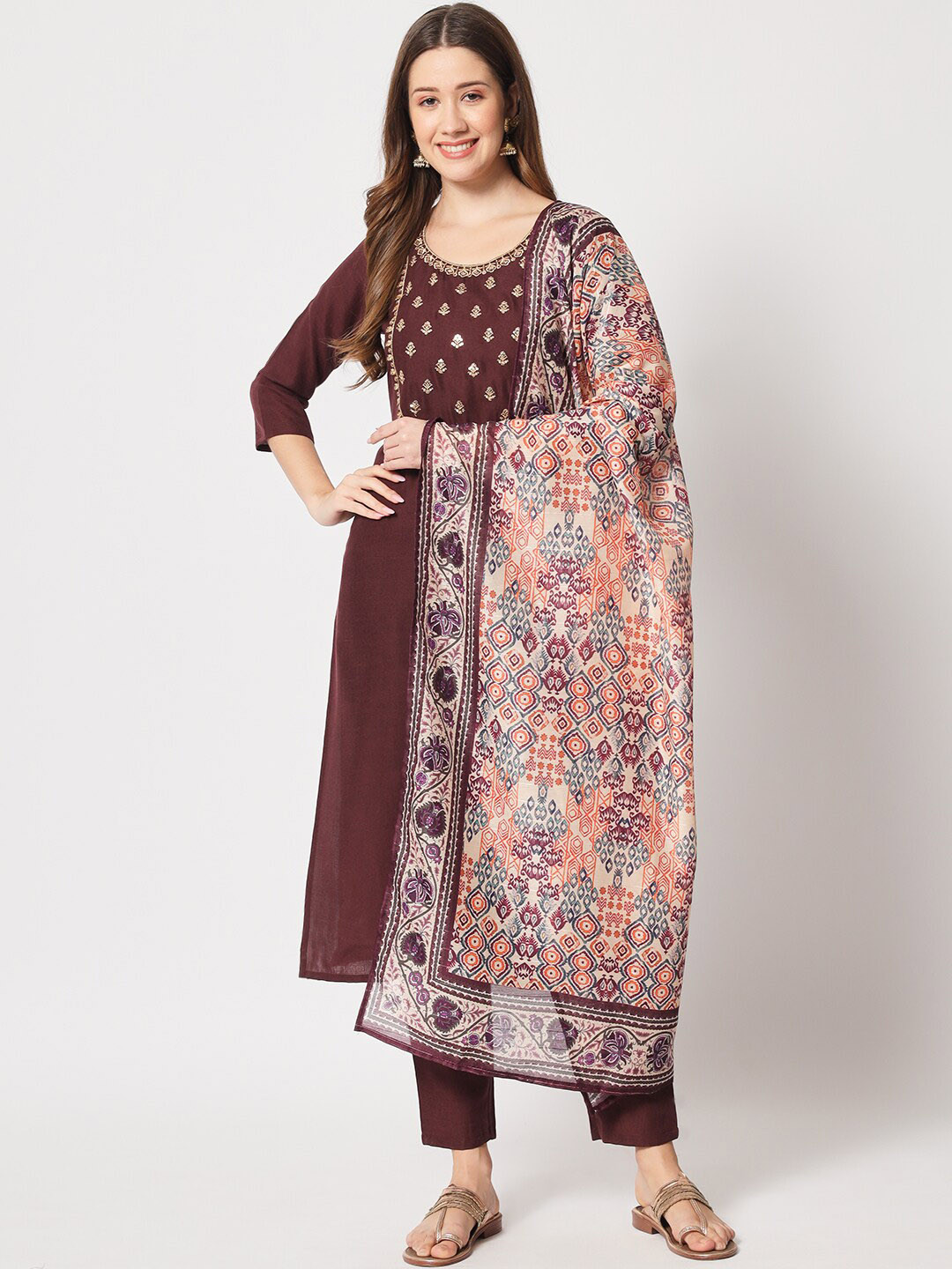 

SALWAT Ethnic Motifs Printed Round Neck Three-Quarter Sleeves Cotton Kurta Set, Purple
