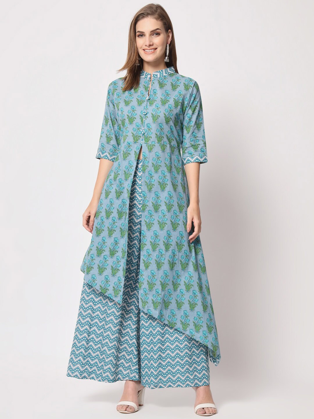 

SALWAT Floral Printed High Slit Kurta with Palazzos, Blue