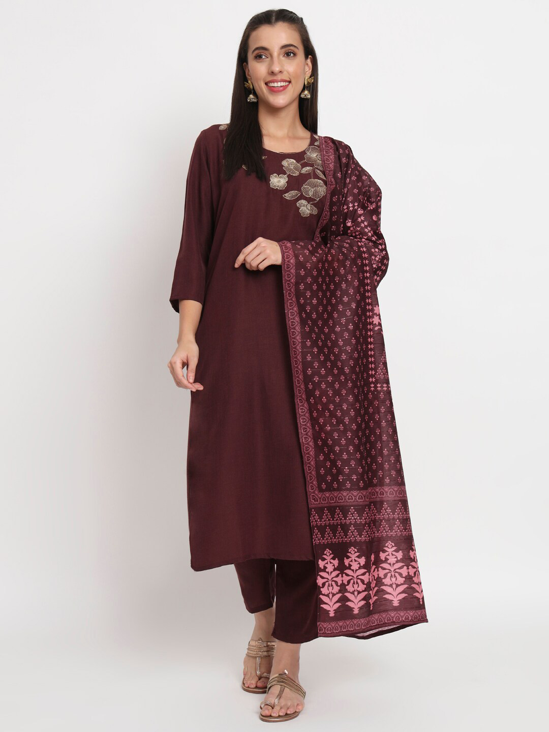 

SALWAT Women Floral Printed Straight Kurta with Trousers & Dupatta, Brown