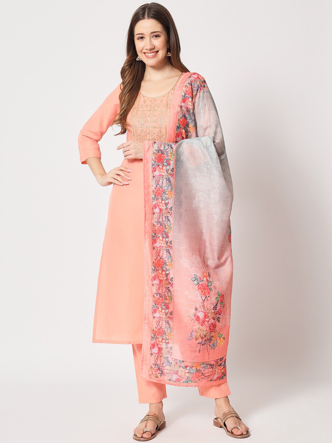 

SALWAT Ethnic Motifs Embroidered Regular Thread Work Kurta with Trousers & Dupatta, Peach