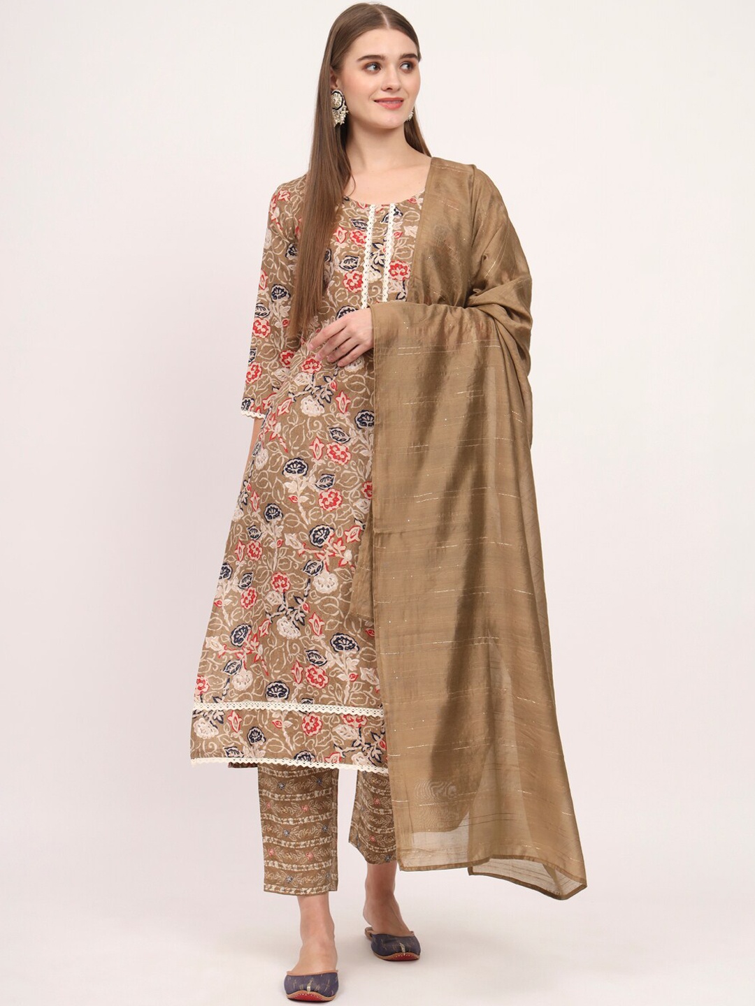

SALWAT Ethnic Motifs Printed Regular Kurta with Trousers & Dupatta, Brown