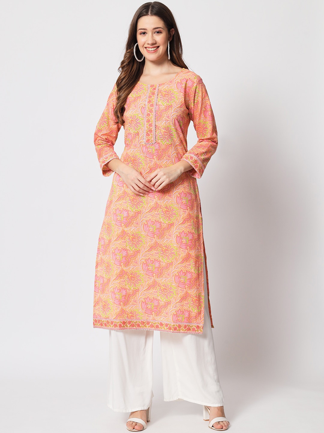 

SALWAT Floral Printed Round Neck Straight Kurta, Peach