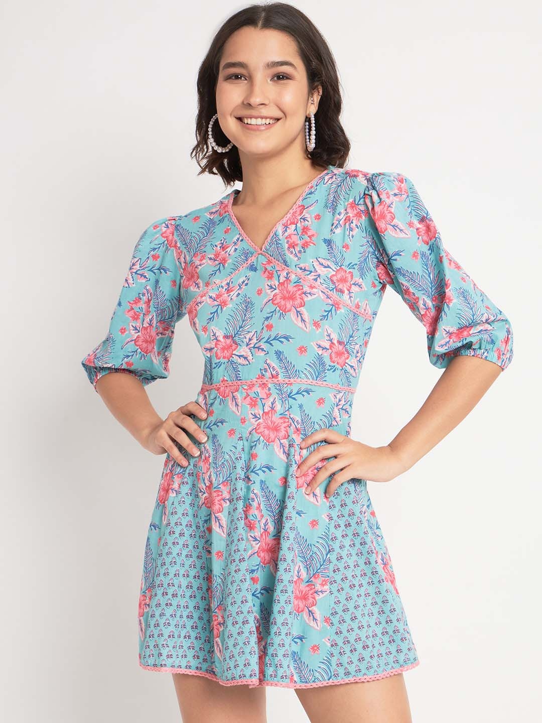 

SALWAT Floral Printed Puff Sleeves V-Neck Cotton Fit & Flare Mini Dress, Blue