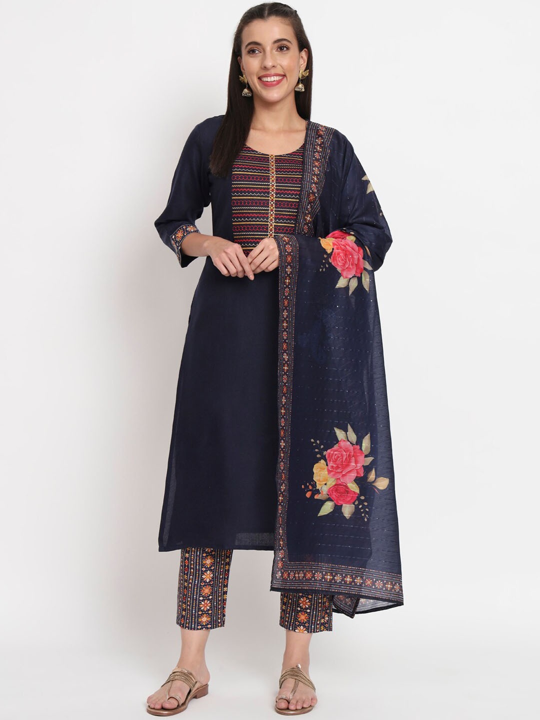 

SALWAT Women Floral Printed Round Neck Three-Quarter Sleeves Cotton Kurta Set, Blue