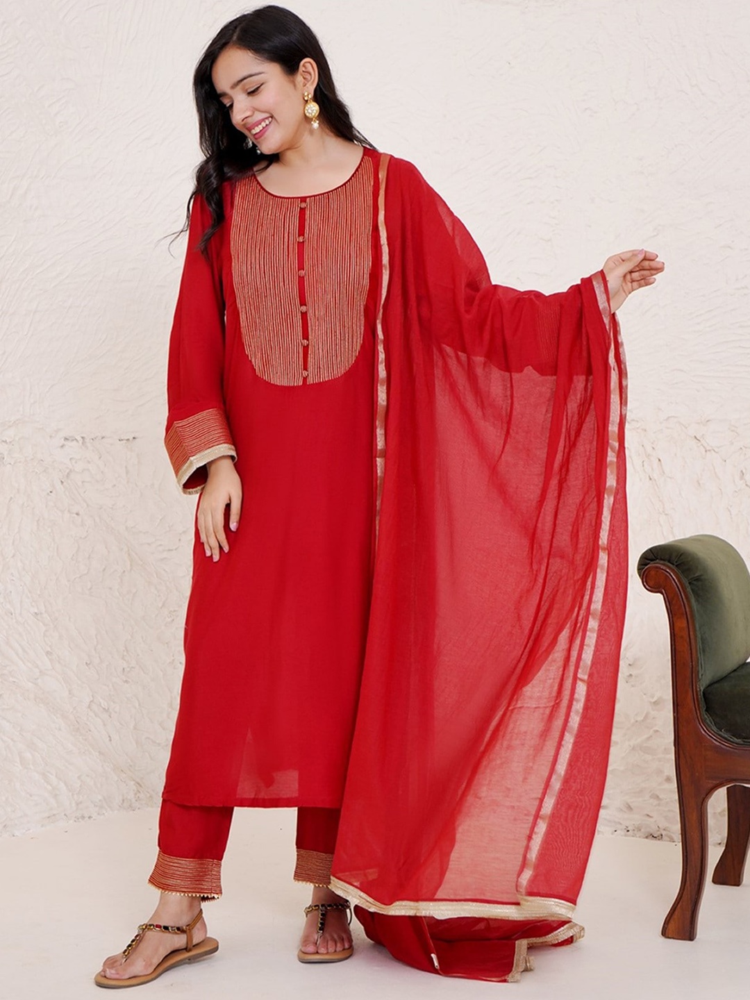 

NERO Embroidered Flared Sleeves Gotta Patti Anarkali Kurta, Red