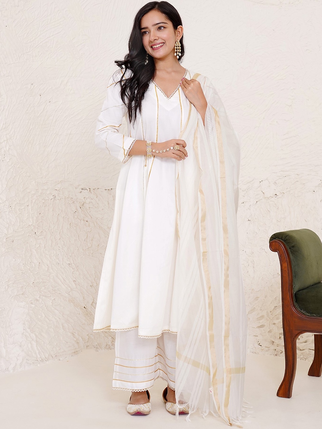 

NERO Striped Yoke Design Thread Work Satin Anarkali Kurta, Off white