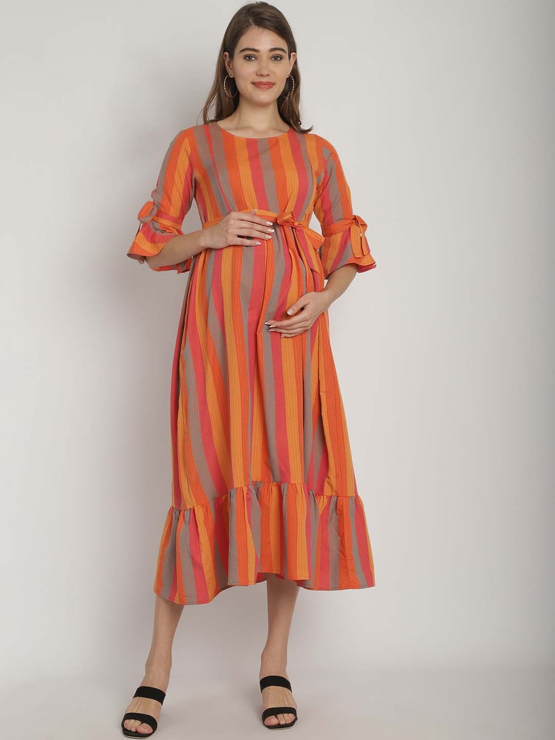 

Moms Maternity Striped Bell Sleeves Gathered Organic Cotton Maternity A-Line Dress, Orange