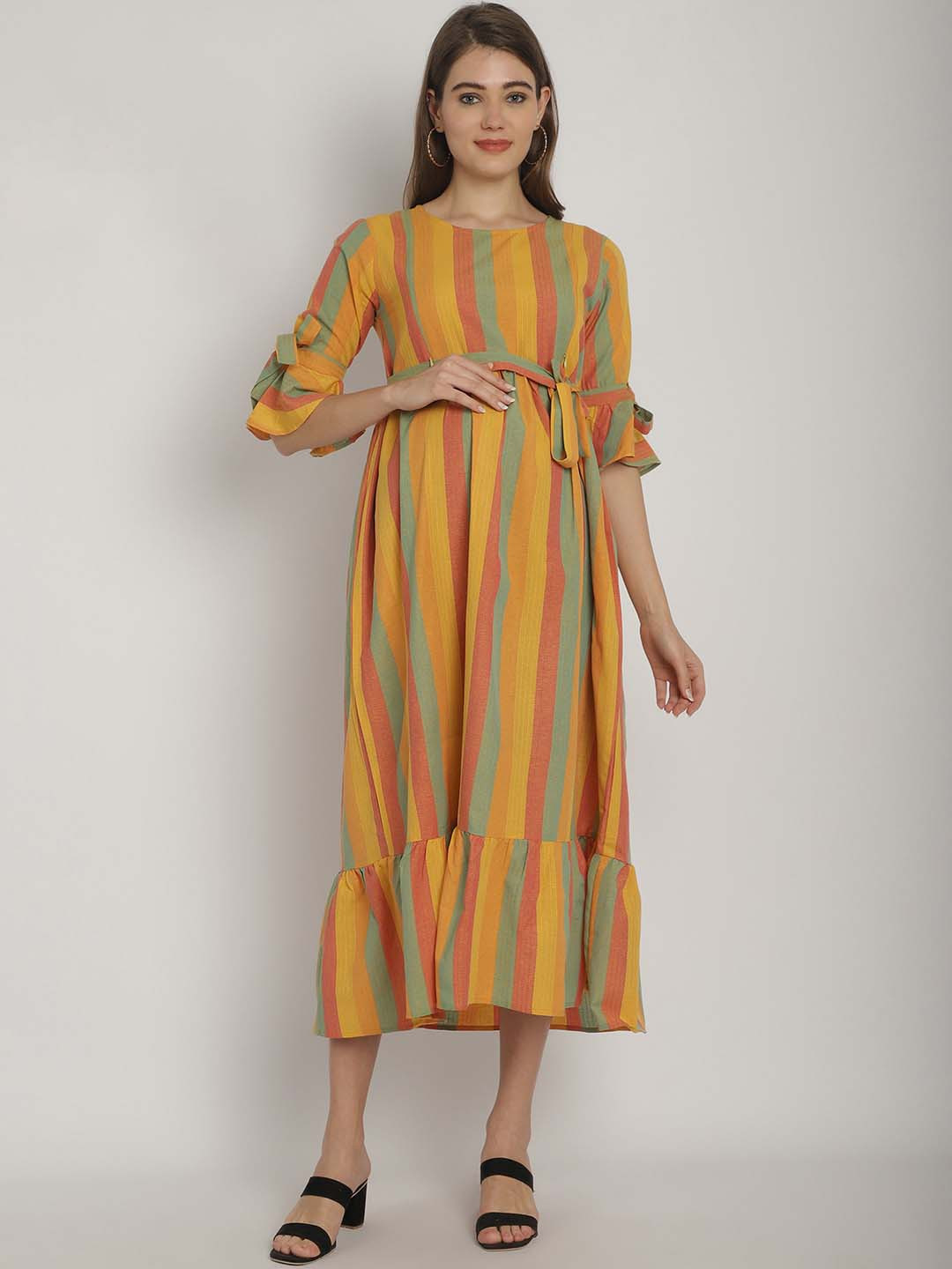 

Moms Maternity Striped Bell Sleeves Pure Cotton Tie-Ups Detail Maternity A-Line Midi Dress, Yellow