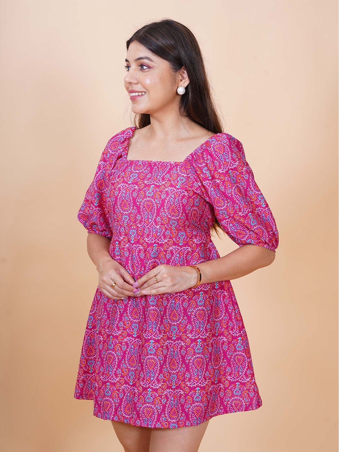 

Salvia Sky Printed Crepe Puff Sleeves Fit & Flare Dress, Pink