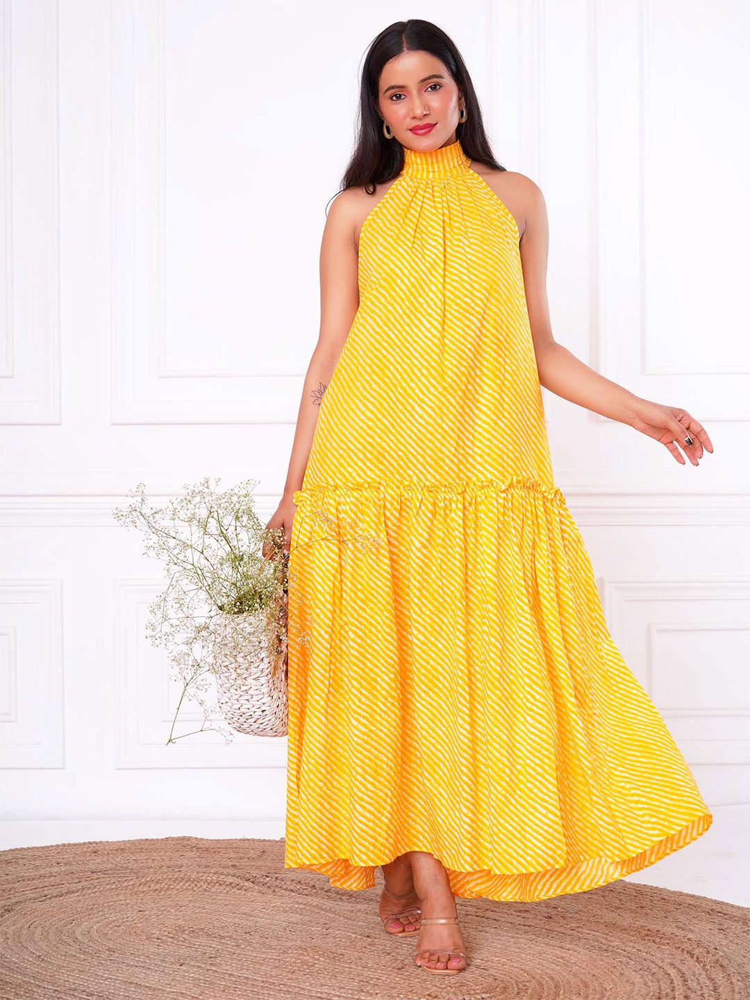 

Salvia Sky Leheriya Printed Halter Neck Maxi Dress, Yellow