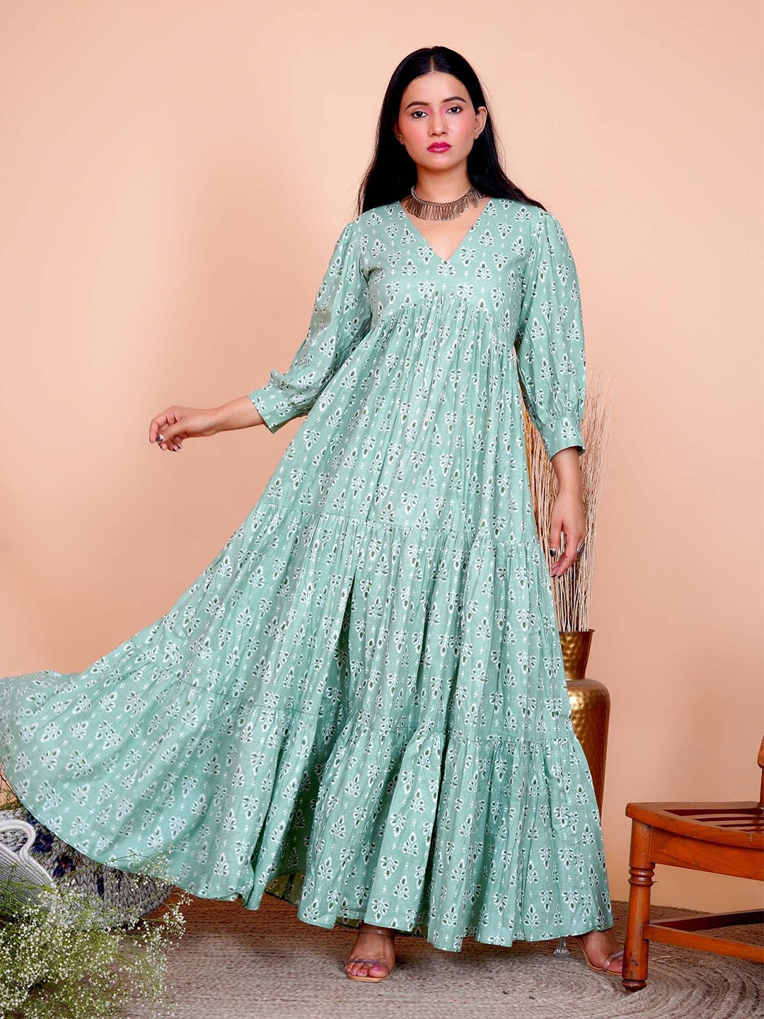 

Salvia Sky Ethnic Motifs Printed Cotton Maxi Dress, Green