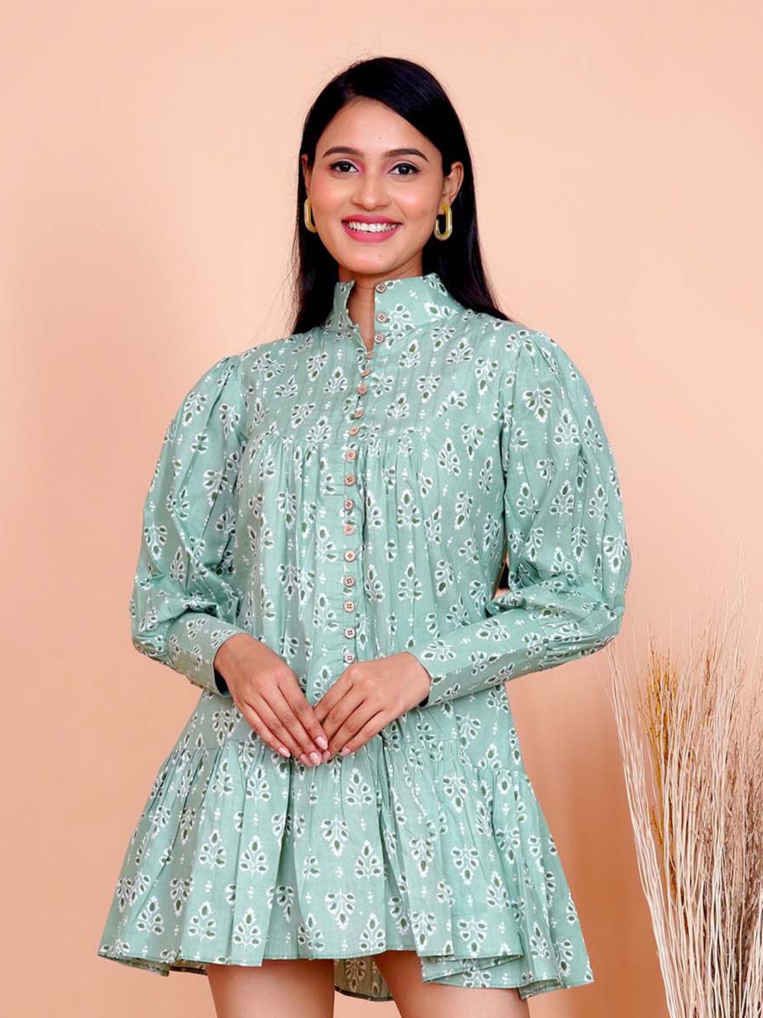 

Salvia Sky Floral Print Cotton Fit & Flare Dress, Green