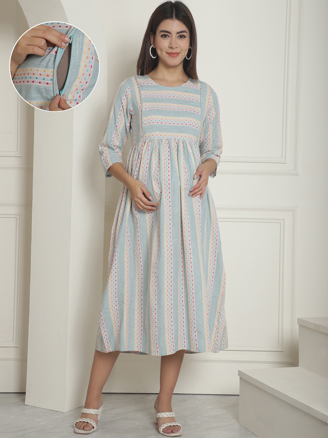 

Moms Maternity Striped Woven Design Thread Work Khadi Maternity Kurta, Sea green