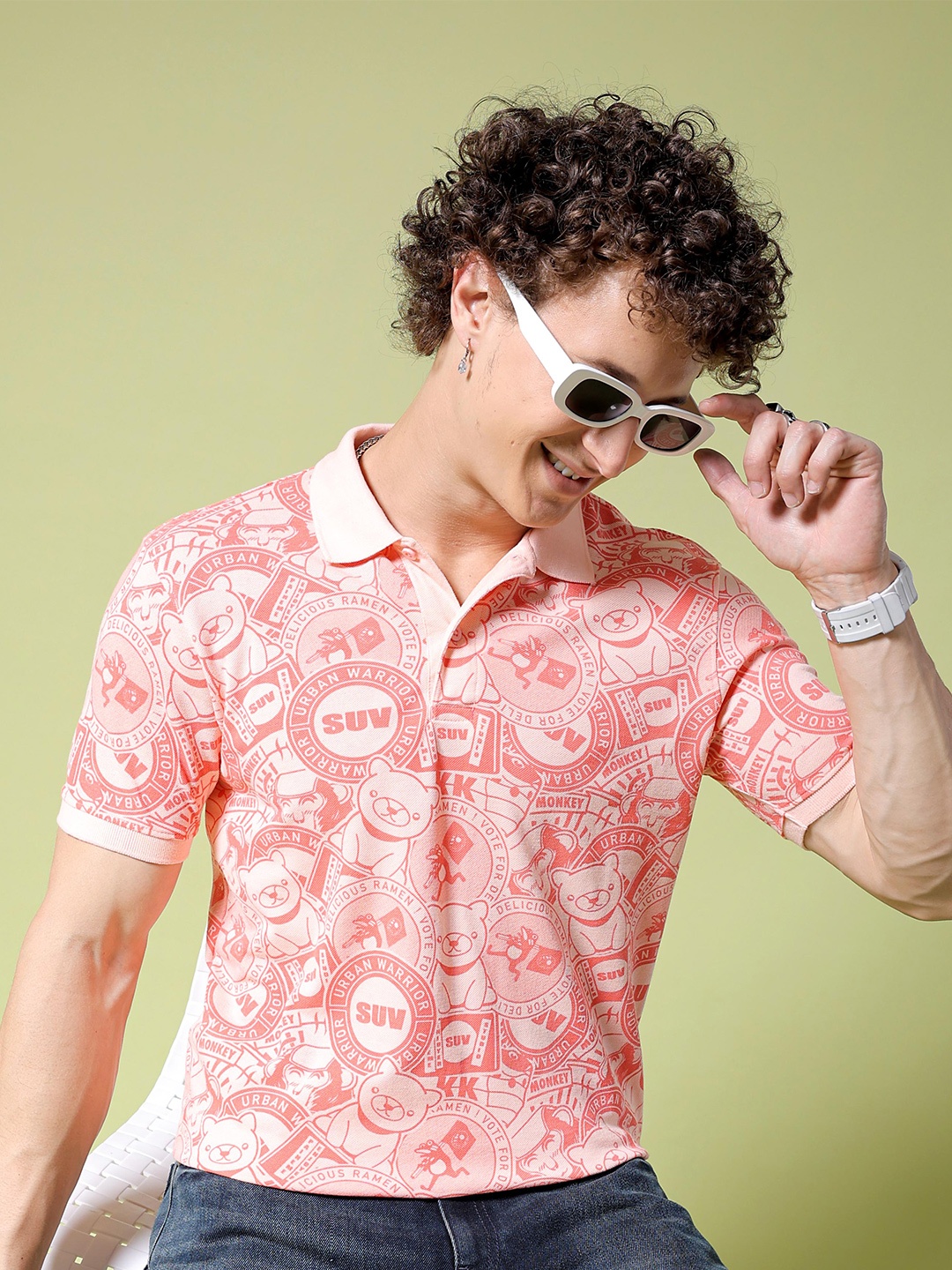 

The Indian Garage Co Peach Typography Printed Polo Collar T-shirt