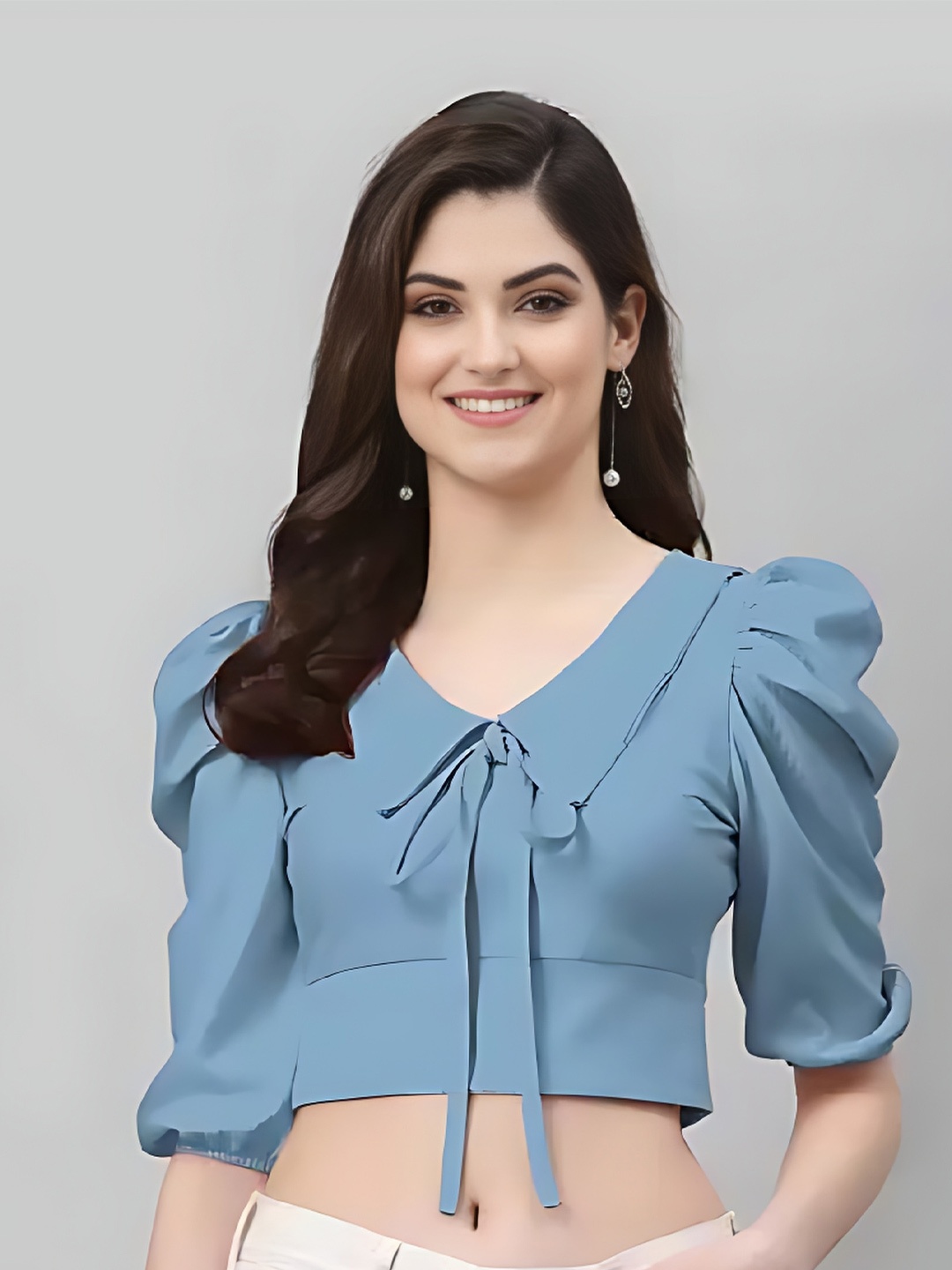

ZELZIS Tie-Up Neck Puffed Sleeves Crop Top, Turquoise blue