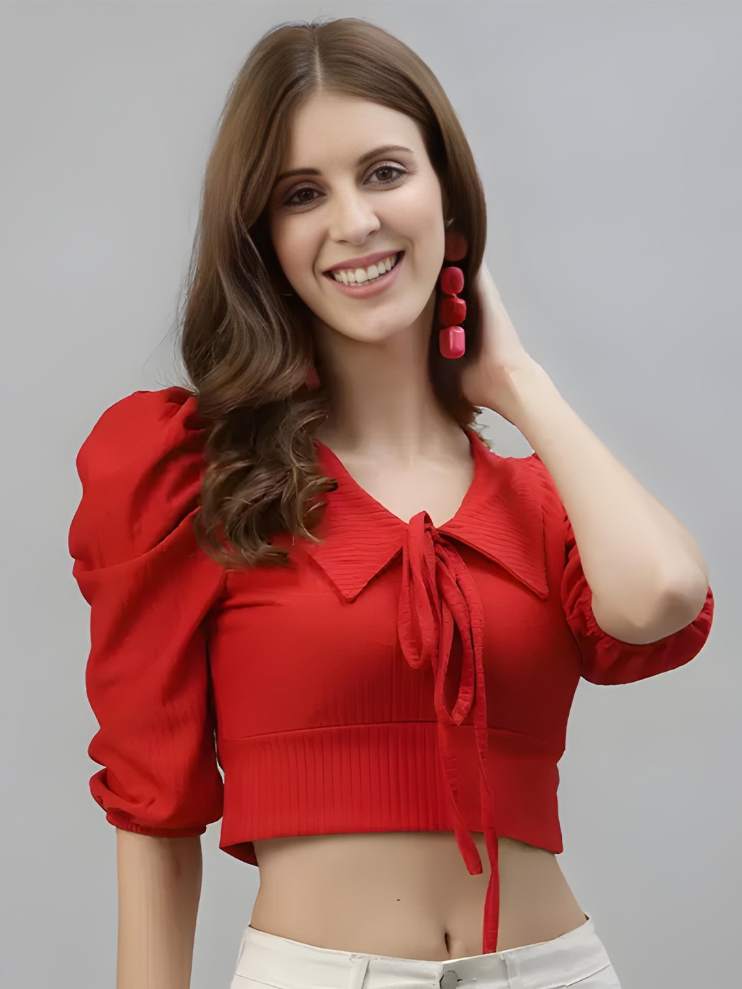 

ZELZIS Tie-Up Neck Puffed Sleeves Crop Top, Red