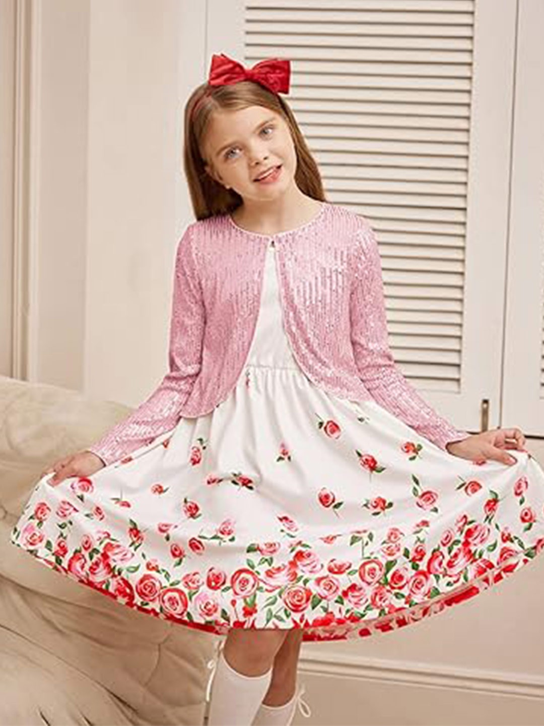 

R Cube Girls Self Design Embellished Shrug, Pink