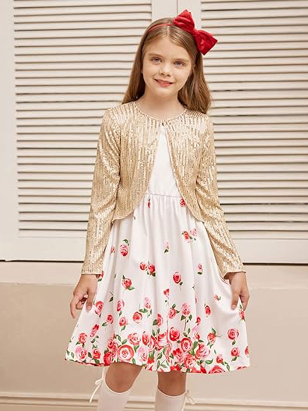 

R Cube Girls Self Design Embellished Shrug, Gold