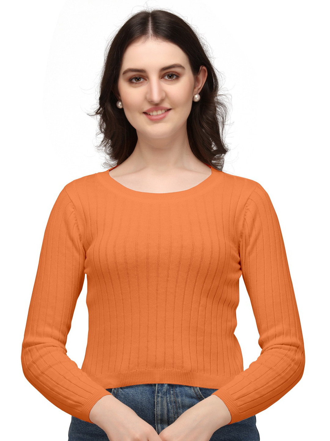 

GETCHI Self Design Long Sleeves Wool Knit Fitted Crop Top, Orange