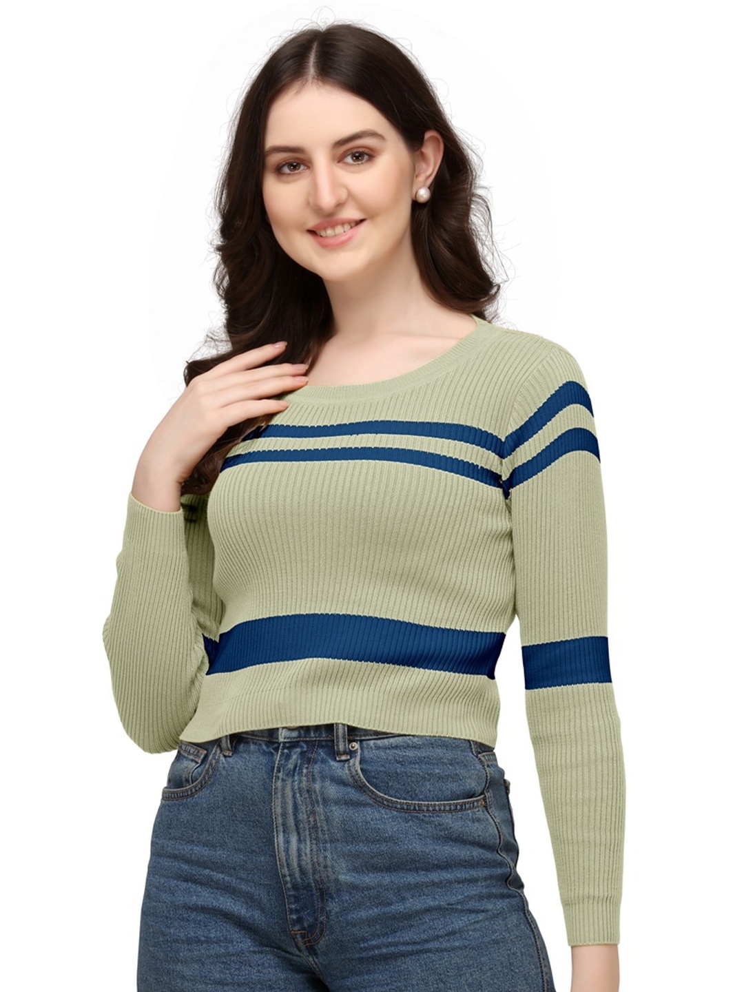 

GETCHI Striped Woollen Top, Green