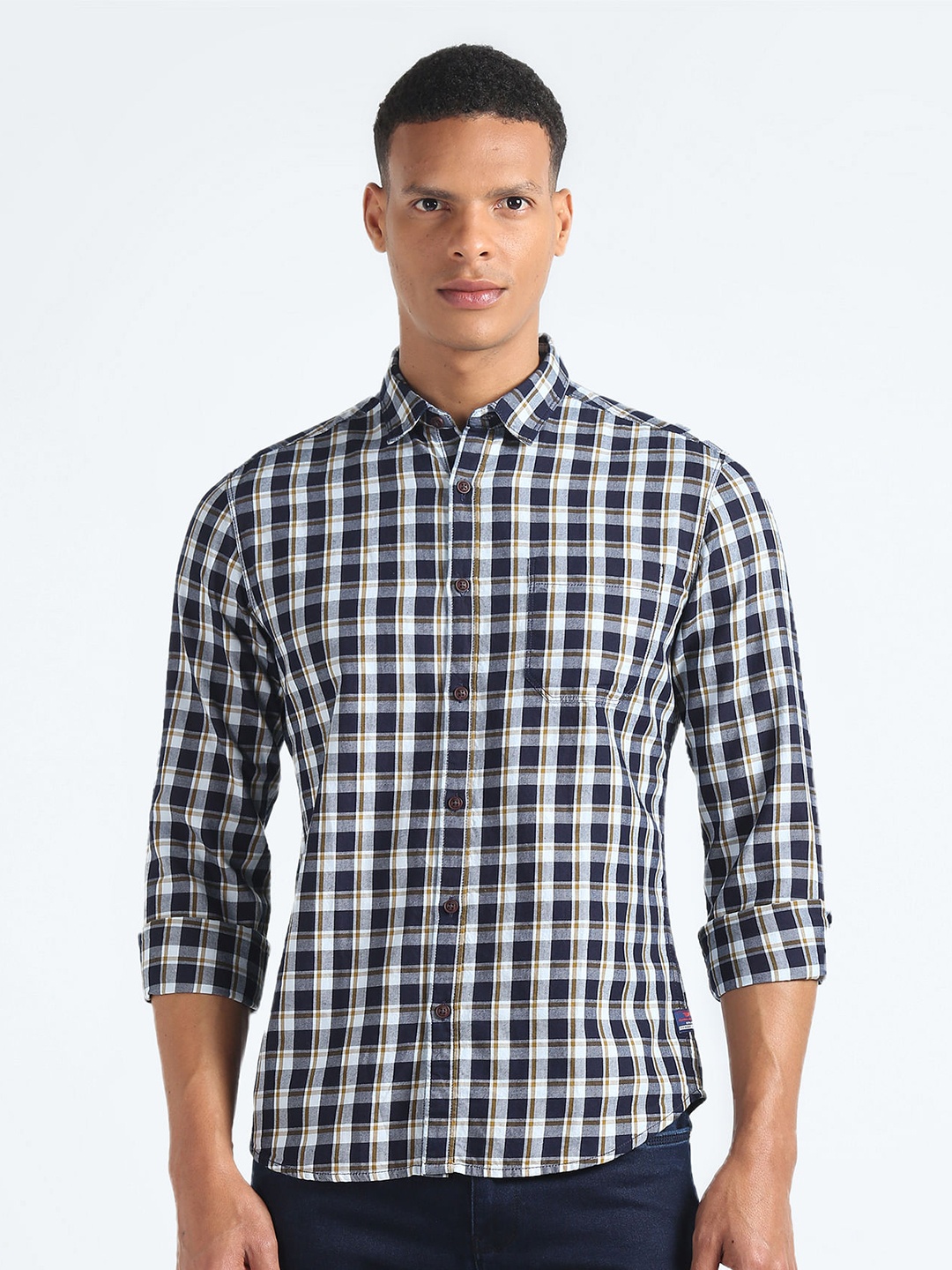 

Flying Machine Checked Button Down Collar Twill Weave Pure Cotton Casual Shirt, Navy blue