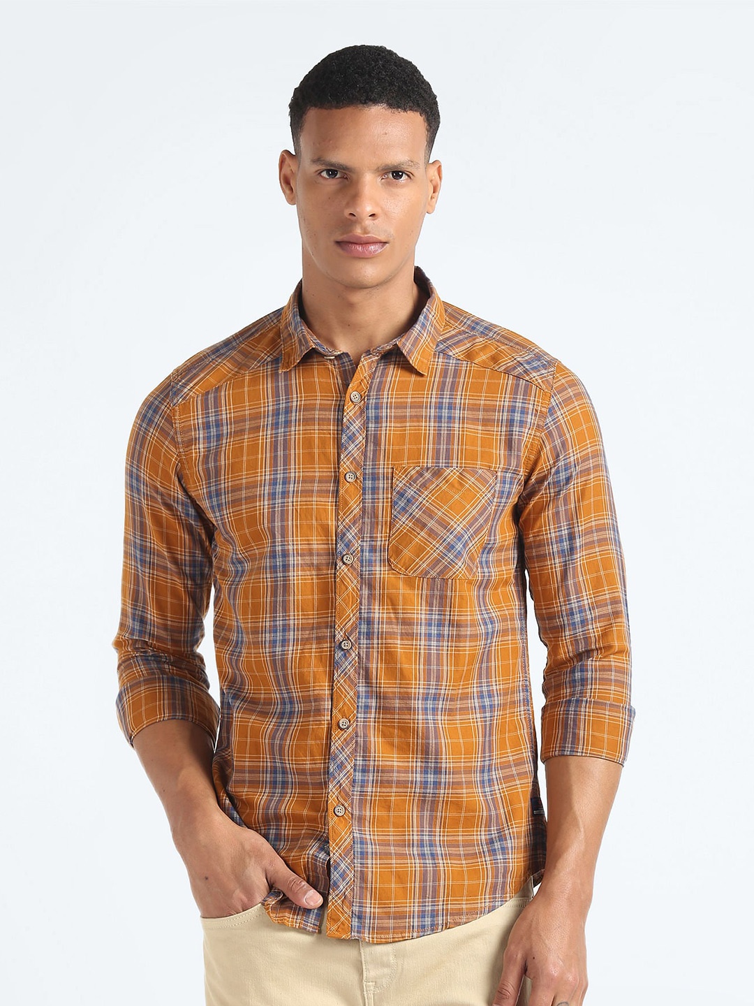 

Flying Machine Tartan Checked Twill Weave Pure Cotton Casual Shirt, Yellow