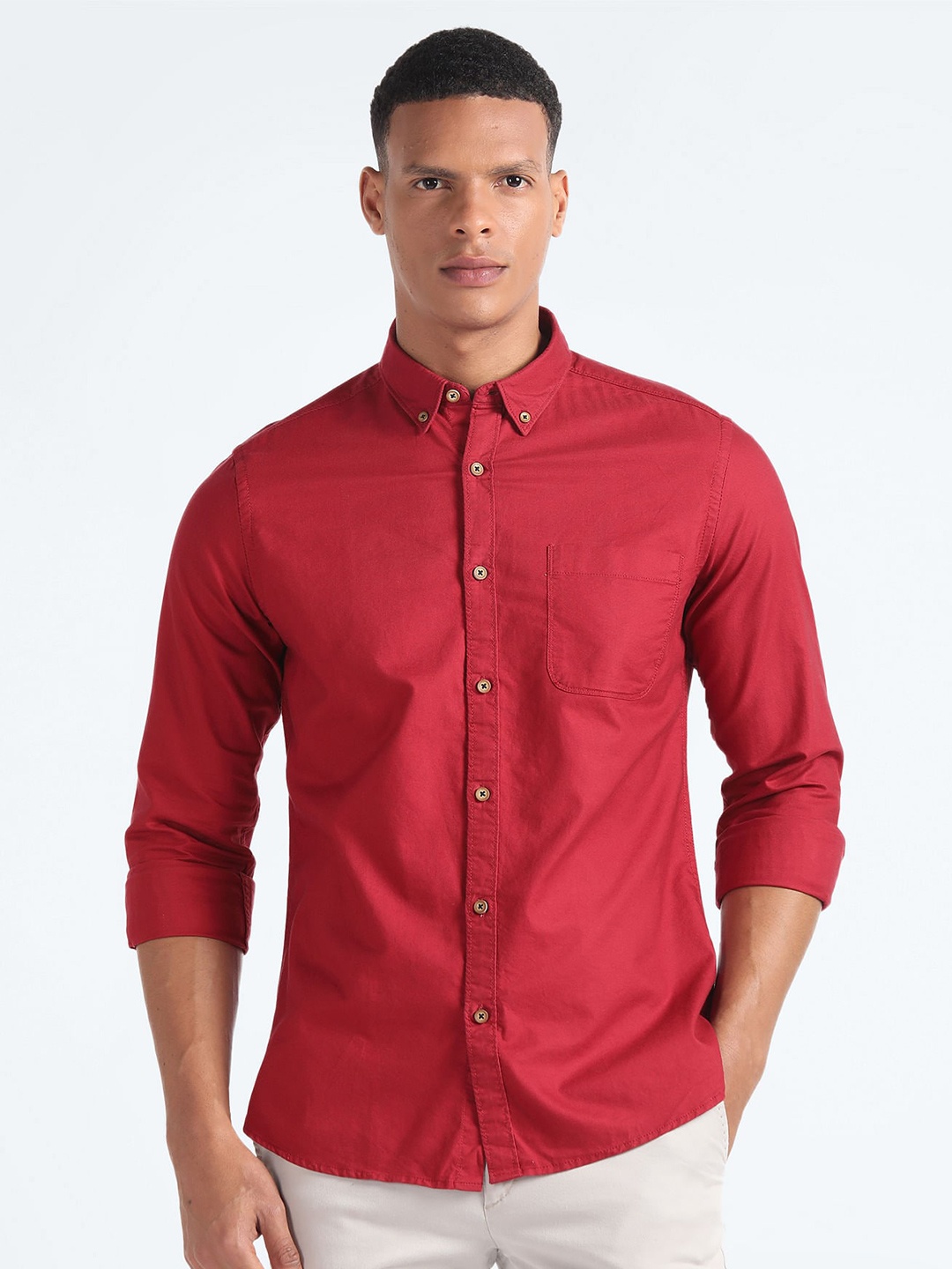 

Flying Machine Button Down Collar Pure Cotton Casual Shirt, Red
