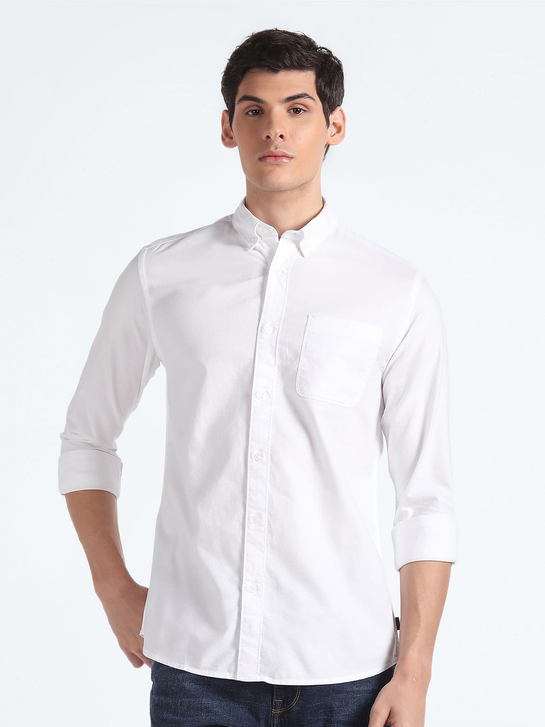 

Flying Machine Button-Down Collar Cotton Oxford Casual Shirt, White