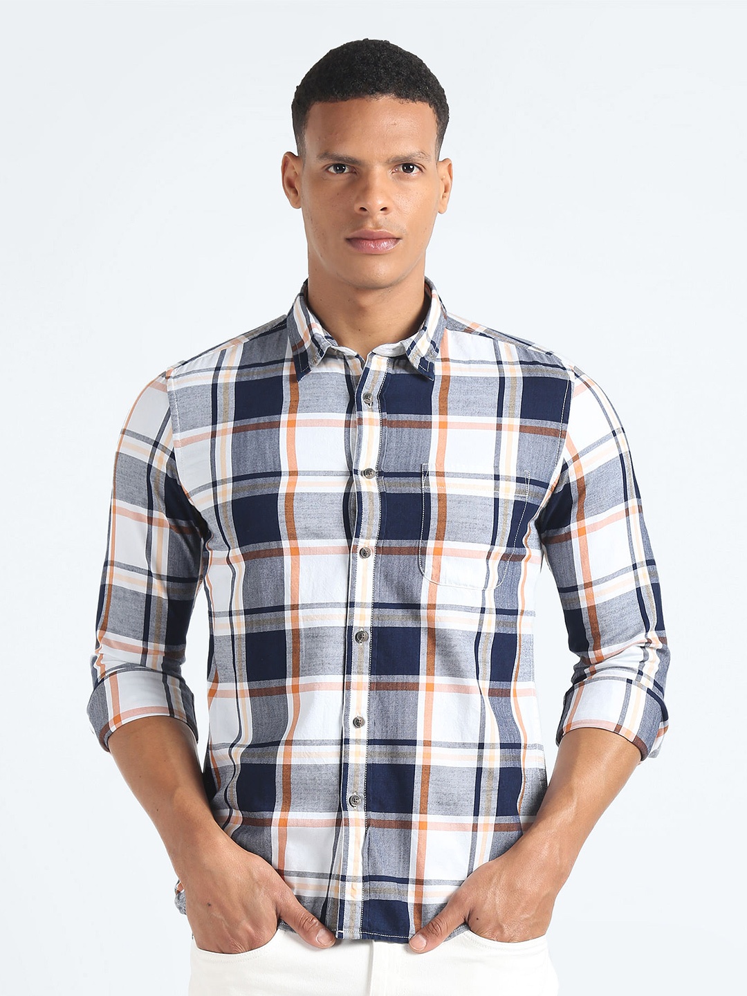 

Flying Machine Tartan Checks Cotton Twill Casual Shirt, Blue